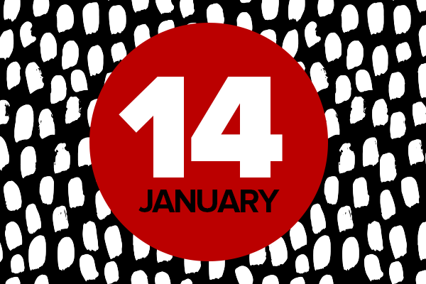 14 January on red circle on black and white background