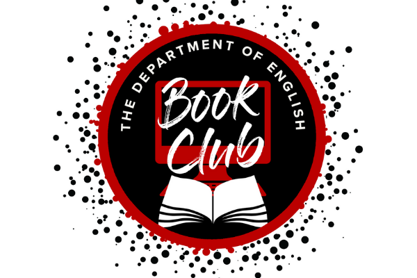 Department of English book club written above an open book and computer, on a black circle with red and black speckles in the background