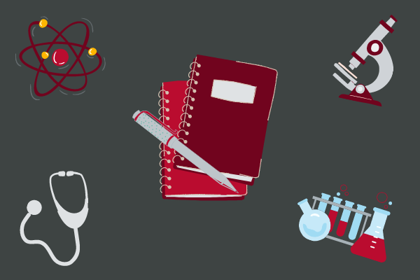 Atom, microscope, test tubes, and stethoscope around notebooks