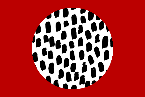 Red square with black brush strokes inside a white circle