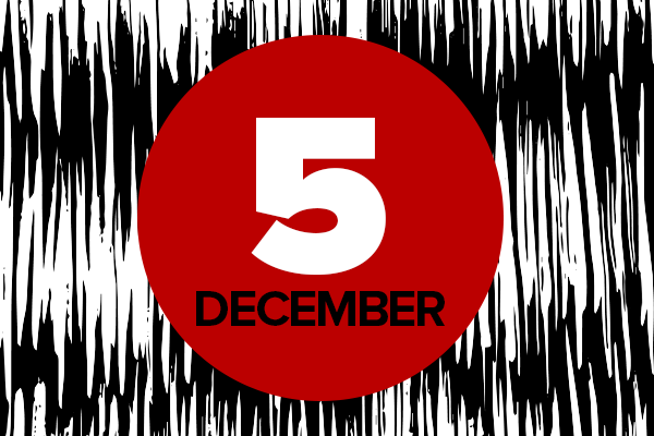 5 December on red circle on black and white background