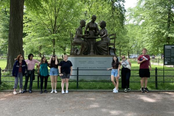 Field School students at Women's Right's Pioneers monument