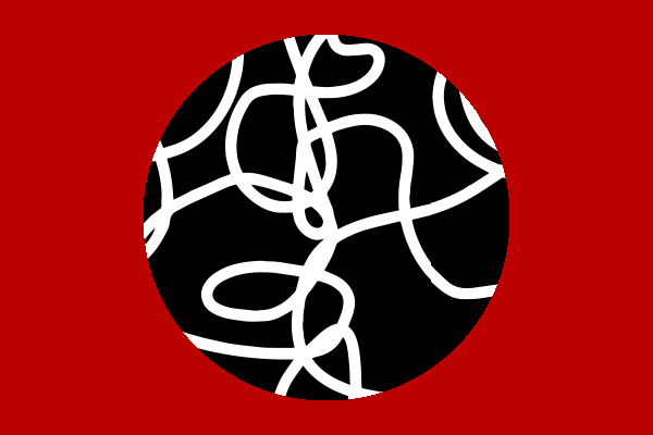 Squiggly white lines on black circle set to a red background