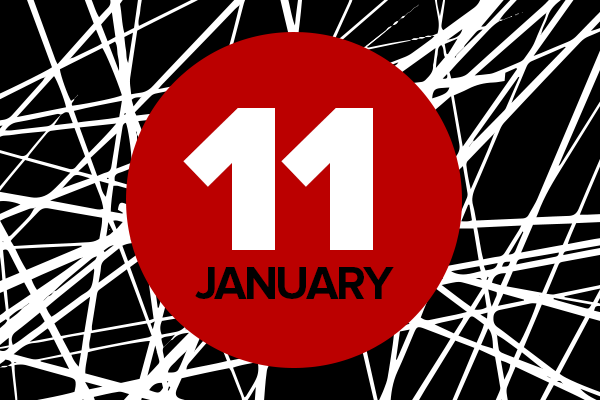 11 January on red circle on black and white background