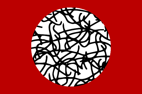 An abstract black and white drawing on a scarlet field