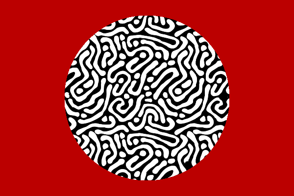Black circle with white doodles and a red background