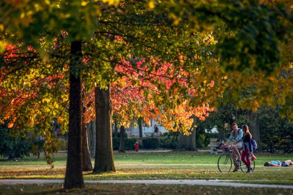 Two students stroll across the Oval, framed by red and gold autumn leaves in the trees and on the ground