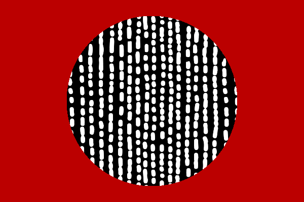 An abstract pattern of white dots in columns on a black circular background