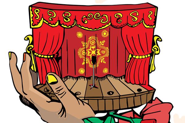 Line drawing of a small stage draped in red and gold curtains, held in the palm of a brown hand with painted anils