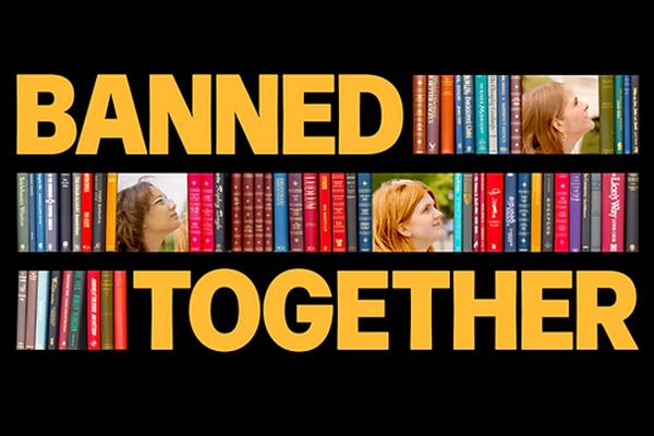 The words "Banned Together" in bright bold type, interspersed with colorful book spines and people's faces.