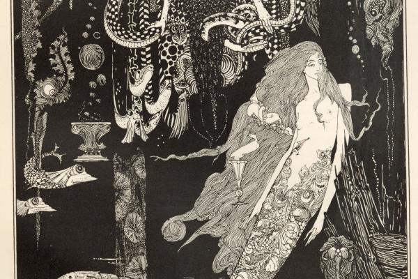 Black and white illustration of mermaid and sea witch from Hans Christen Andersen's Fairy Tales, illustrated by Harry Clarke