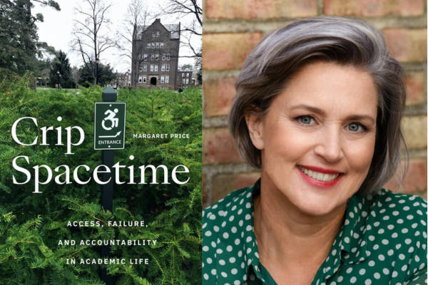 Split screen image. Left: Cover of Crip Spacetime  by Margaret Price. Right: Headshot of Margaret Price.