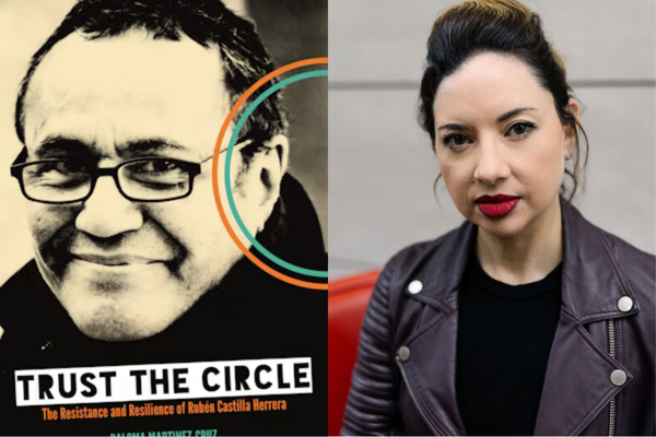 Cover of the book: Trust the Circle depicting Castilla Herrera besides a photo of Paloma Martinez-Cruz