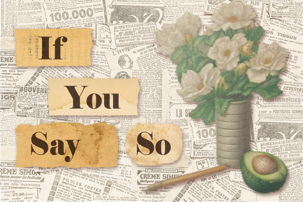 A collage of text cutouts reads "If You Say So," accompanied by a vase of flowers and a half avocado