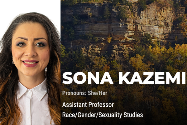 Headshot of Sona Kazemi beside a slide that reads "Sona Kazemi. Pronouns: she/her. Assistant Professor Race/Gender/Sexuality Studies