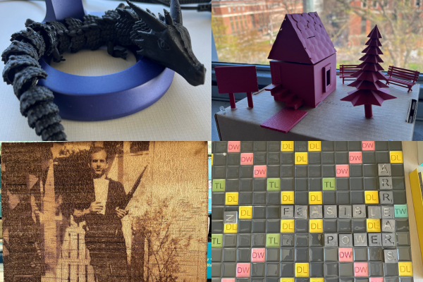 Four 3D printed projects: a black dragon; purple cabin and trees; collaged photo and word tiles; and a Scrabble board