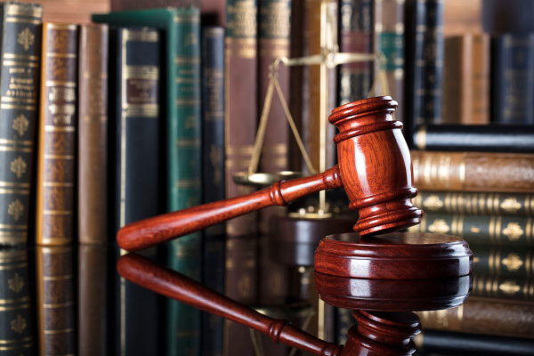 Gavel in front of a bookshelf.