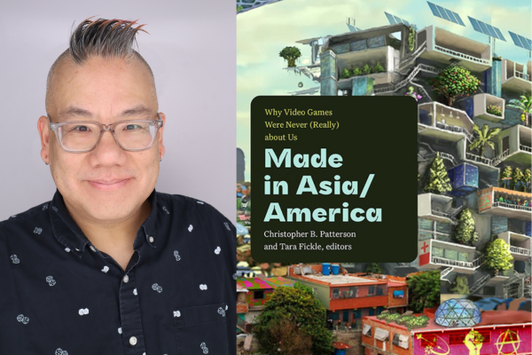 Edmond Y Chang next to the cover of his book, Made in Asia/America: Why Video Games Were Never (Really) about Us
