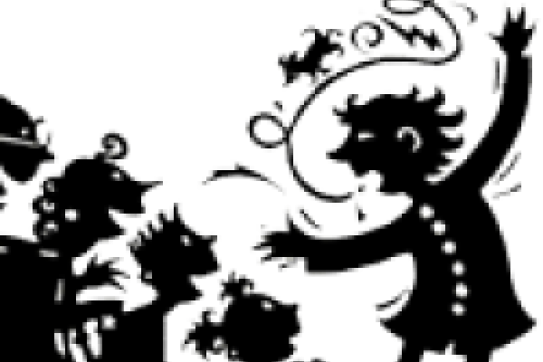 A cartoon silhouette speaks animatedly to an excited group