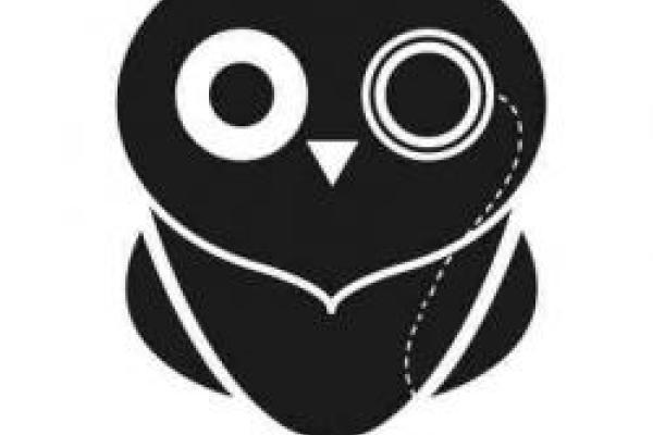 A line drawing of an owl wearing a monocle