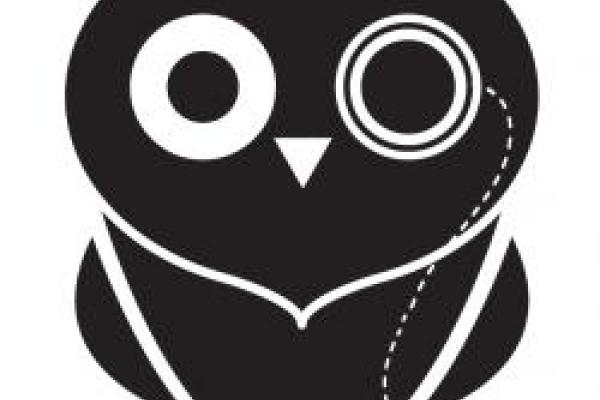 A line drawing of an owl wearing a monocle