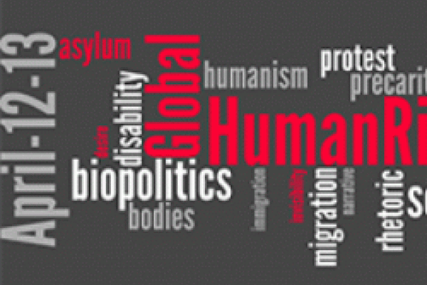 Text graphic with various words associated with global human rights