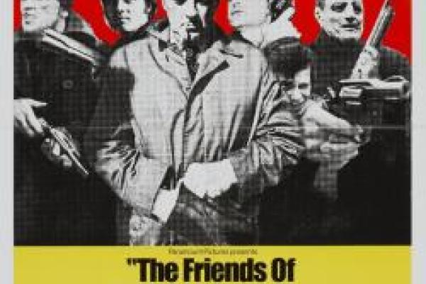 Detail of the movie poster for The Friends of Eddie Coyle, featuring a group of men brandishing guns