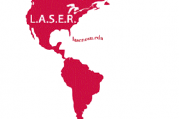 A silhouette of North and South America, with "L.A.S.E.R." written across the United States and the words "Just Do It!" extending in a wavy line from the southern tip of the landmass
