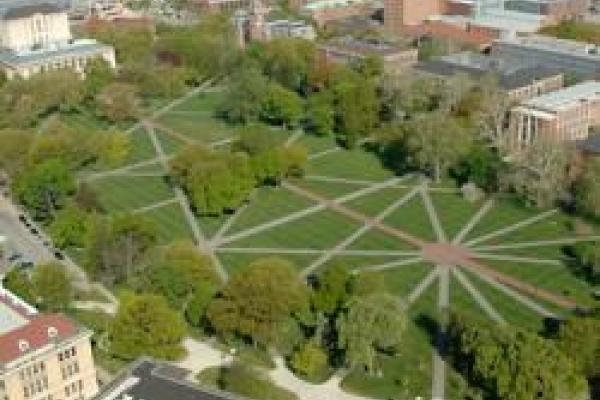 An aerial view of the Oval on Ohio State's campus