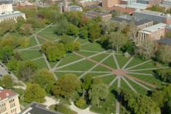 An aerial view of the Oval on Ohio State's campus