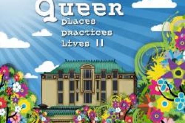 Detail of the event poster for Queer Places, Practices, Lives II, showing Thompson Library engulfed in bright, multicolored flowers