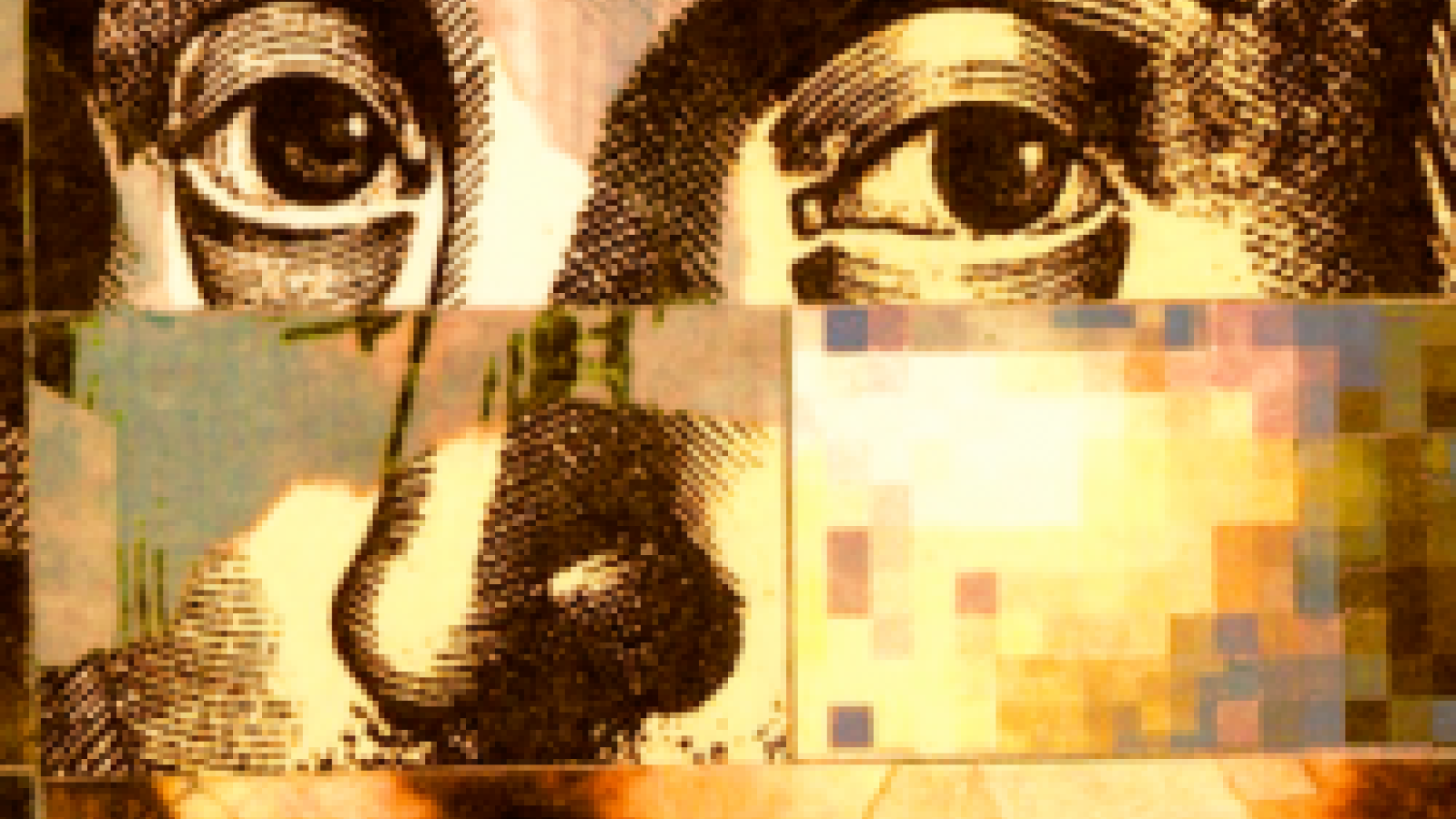 Closeup on a painting of William Shakespeare, portions of which have been pixelated