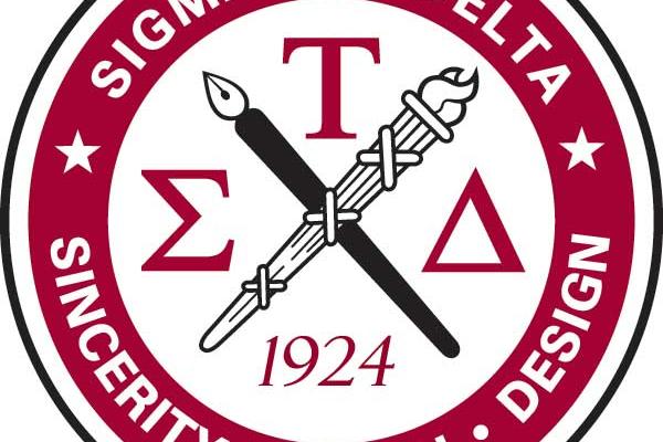 The seal of Sigma Tau Delta, featuring a crossed torch and fountain pen and the words "Sincerity, Truth, Design"